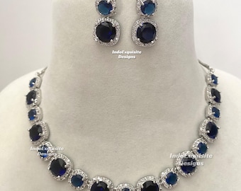 Amerikanska silverhalsbandsset med diamanter/ CZ-halsband/ Indiska smycken/ Mottagningssmycken/ Bollywoodsmycken