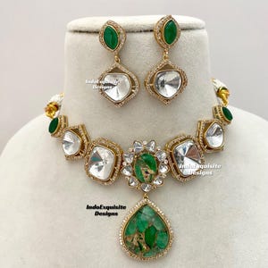 Premium Quality tyani inspired uncut Kundan doublet stone necklace set/real uncut Kundan necklace set/green