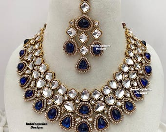Sabyasachi inspired Premium quality Kundan Statement Necklace Set with elegant earrings and tikka/Bollywood style necklace/Navy blue