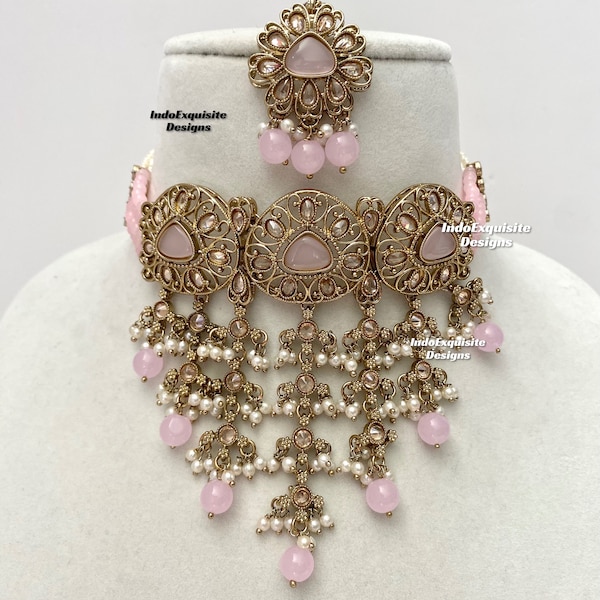 Elegant Antique gold Polki Choker Set/Indian Jewelry/High quality kundan Polki jewelry/pearls choker set/baby pink