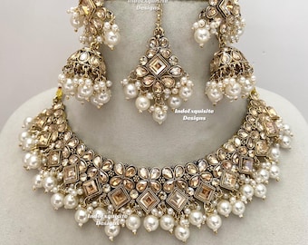 Bollywood style Antique Gold Polki Necklace Set/ Indian jewelry/Kundan and Polki Necklace set/Bridesmaids necklace set