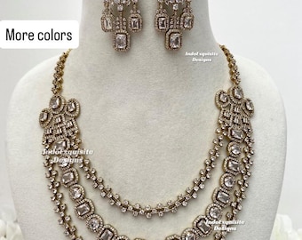 Antique Gold American Diamond triple layer necklace Set/CZ Necklace/Indian Jewelry/AD necklace set/Reception jewelry/Engagement jewelry