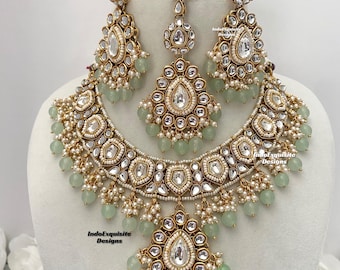 Kundan-kettingset/Indiase sieraden/Kundan Polki-ketting/Hoge kwaliteit sieraden/set ketting in Bollywood-stijl/trendy ketting set/saliegroen