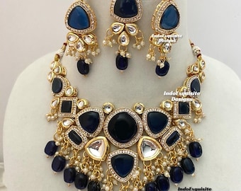 Kundan necklace/choker Set/Indian jewelry/Kundan Polki Necklace/High quality jewelry/Bollywood style necklace set/Navy blue