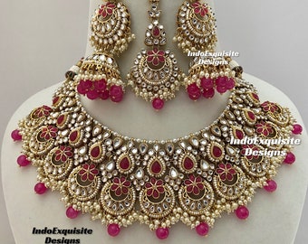Premium Quality Kundan Necklace Set/ Indian Jewelry/Indian Hot pink bridal set/Bridal jewelry/ Hot pink Magenta color necklace set