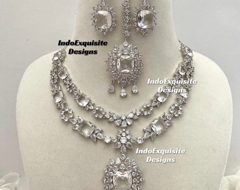 American Diamond Double layer Necklace Set / CZ Necklace/Indian Jewelry/ Silver/ Bollywood Jewelry/2 layered AD necklace