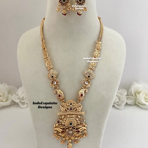 Matt gold Finish polki kundan long necklace with earrings /Indian Jewelry/matt finish temple jewellery/South Indian/Rajwadi Necklace