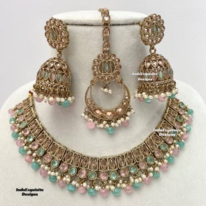 Antique Gold Polki Necklace Set/Indian Jewelry/ High Quality Kundan and Polki Jewelry/Bollywood Jewelry/pink mint/pink teal