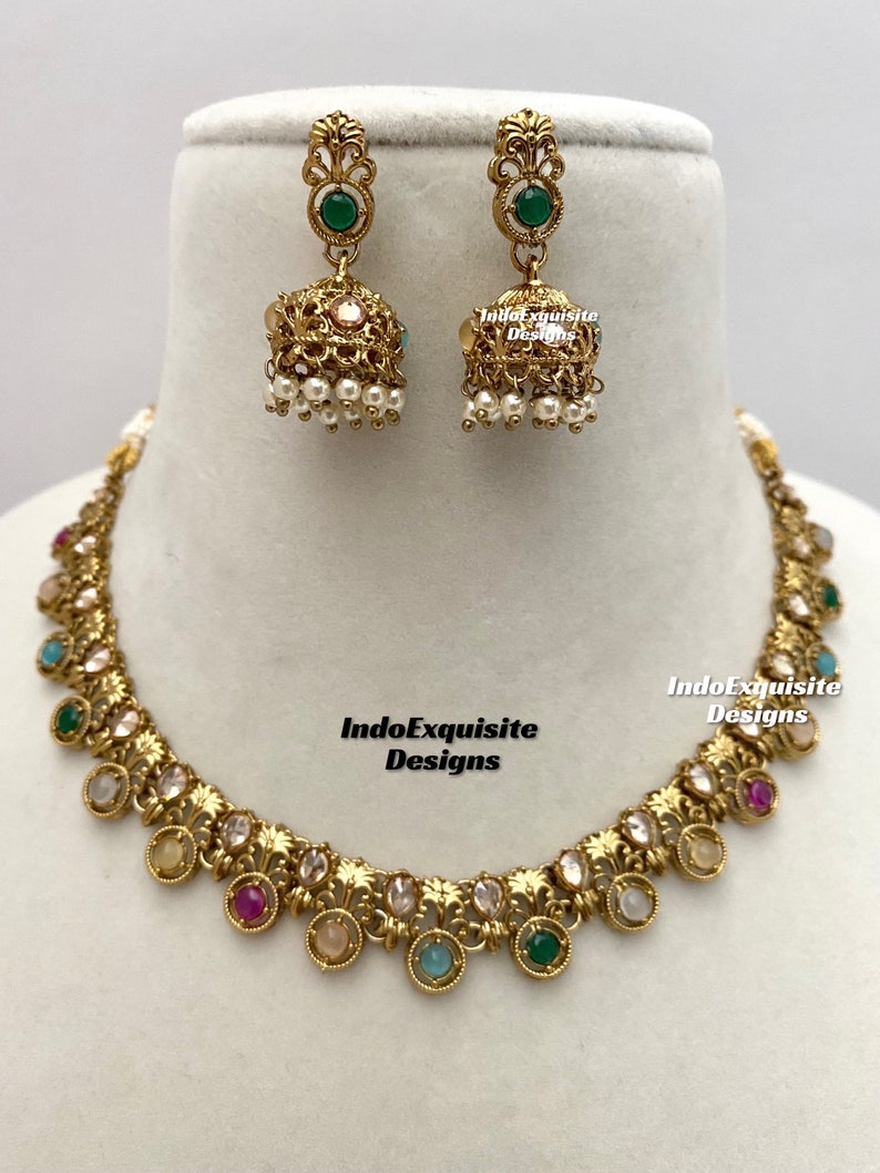 Multicolor Gold Plated Faux Polki Necklace Set - PK-S139LP