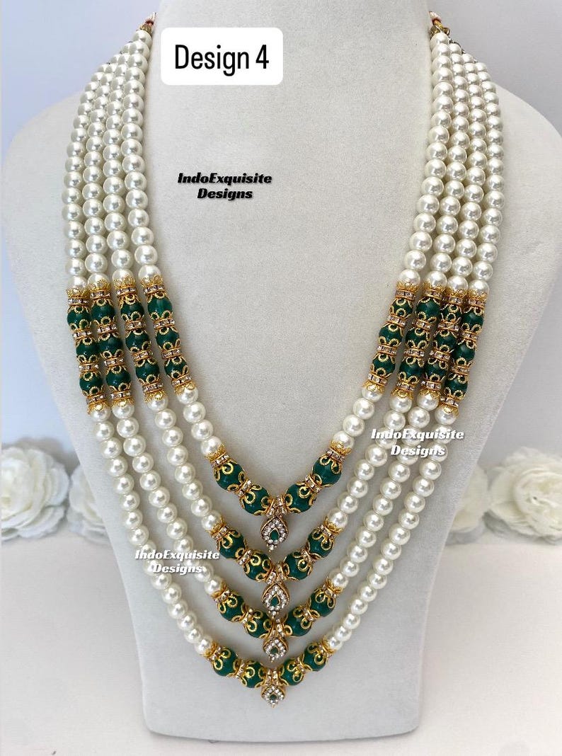 Vackra pärlor Flerskiktad grön brudgum mala set/Handpärlhalsband set/Indiska bröllopssmycken/Sherwani Mala bild 4