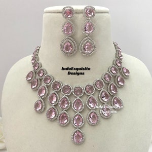 Collana di diamanti americani con set in argento rosa/collana CZ/gioielli indiani/gioielli di ricevimento/gioielli di Bollywood