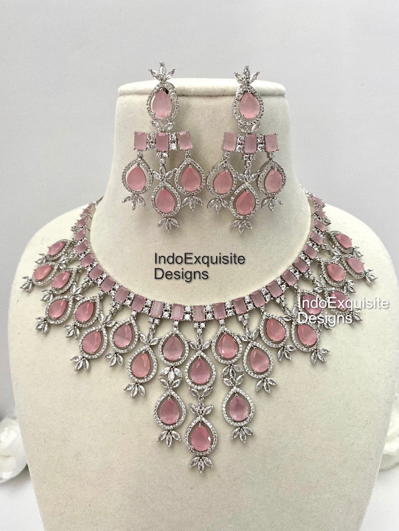 American Diamond Necklace Set / CZ Necklace/Indian Jewelry/ Reception Jewelry/ Bollywood Jewelry/Silver Pink