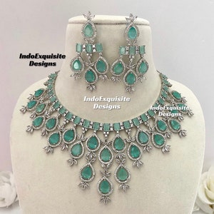 American Diamond Necklace Set / CZ Necklace/Indian Jewelry/ Reception Jewelry/ Bollywood Jewelry/ Statement Necklace Set/Silver Mint