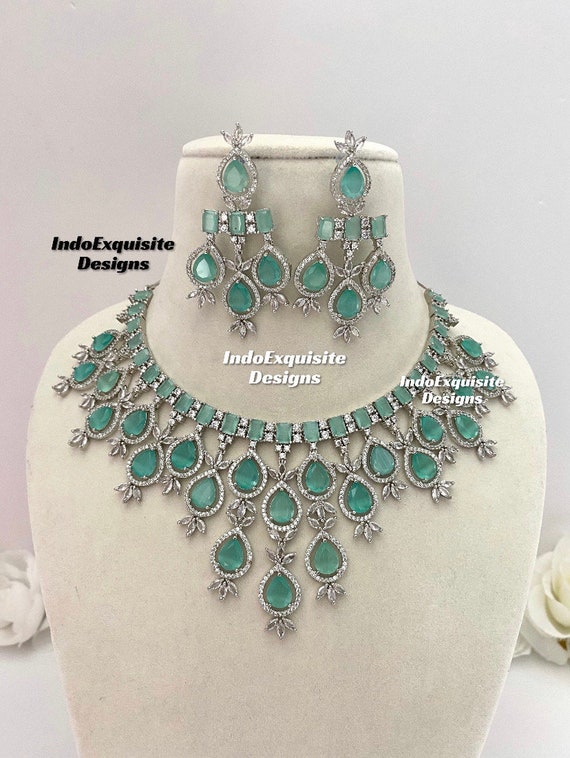 American Diamond Necklace Set / CZ Necklace/Indian Jewelry/ Reception Jewelry/ Bollywood Jewelry/ Statement Necklace Set/Silver Mint