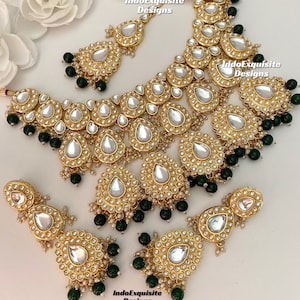 Premium Quality Fine Thappa Kundan necklace Set/Indian jewelry/ Bollywood jewelry/ Reception choker set/kundan polki choker/green