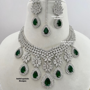 Elegant American Diamond Necklace Set/ Reception Jewelry/ Bollywood Jewelry/Bridal necklace/Silver green