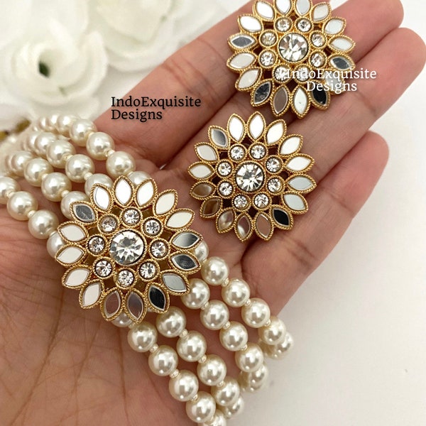 Bollywood style Golden/White mirror pearls choker set /mirror studs choker set/Indian Jewelry/Bollywood Jewelry