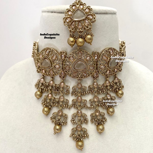 Elegant Antique gold Polki Choker Set/Indian Jewelry/High quality kundan Polki jewelry/pearls choker set/antique gold