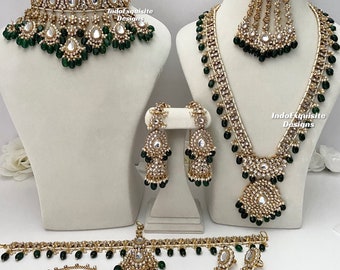Elegant high quality green Kundan bridal set comes with all accessories/ Indian bridal jewelry/ kundan and Polki jewelry