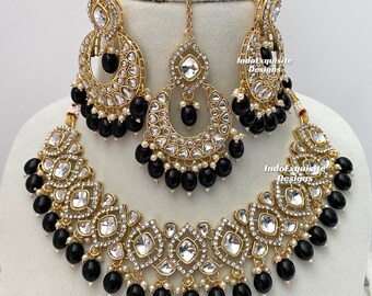 Kundan necklace/choker Set/Indian jewelry/Kundan Polki Necklace/High quality jewelry/Bollywood style necklace set/black