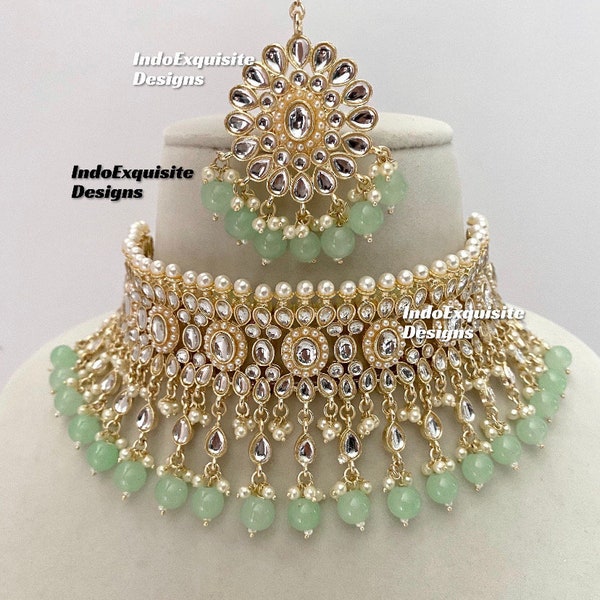 Kundan Choker Set in mint color/Indian jewelry/Kundan Polki Necklace/High quality jewelry/Bollywood style choker set