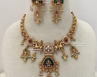 Premium Quality Gold plated Heritage statement necklace set/Indian gold plated jewelry/Real Gold look necklace set
