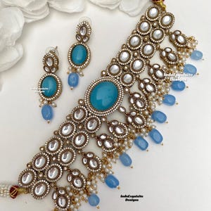 Premium Quality Sabyasachi inspired uncut Kundan Moissanite choker set/uncut Kundan choker set/sky blue /feroza
