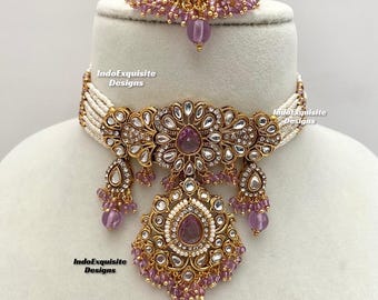 Premium quality kundan pearls Choker Set/ Indian Jewelry/unique Kundan choker set/Indian jewelry set/Bridal jewelry/lavender/lilac