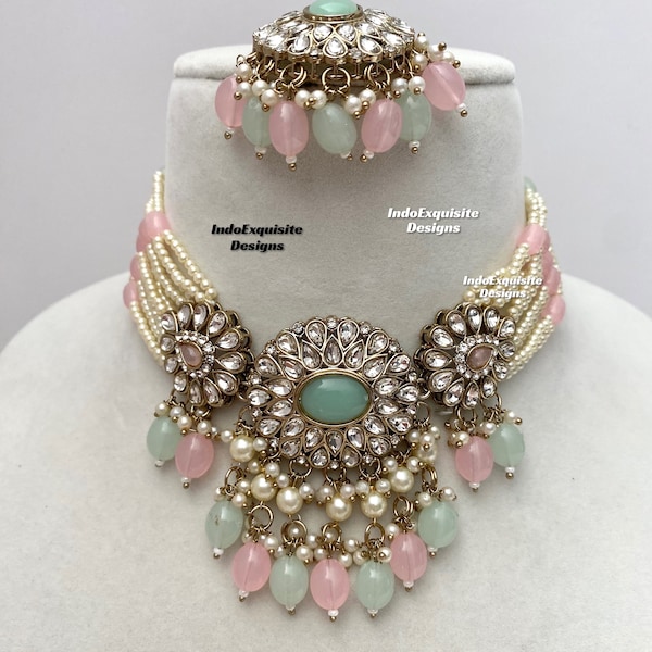 Premium Quality Kundan stones Pearls Choker Set/Bollywood choker/Indian Jewelry/ High quality kundan Polki jewelry/pink mint/pink sage green