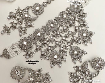 Premium kwaliteit elegante Kundan Polki choker Set in zilveren kleur / Indiase sieraden / Indiase bruidsset / Bruidssieraden / zilveren kleur
