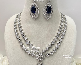 American Diamond double layer Necklace Set/CZ Necklace/Indian Jewelry/ Statement AD necklace set/Reception necklace set