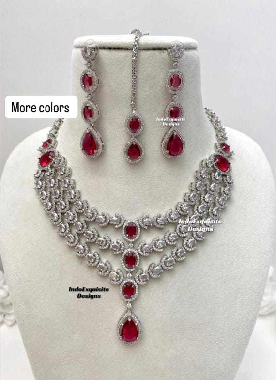 American Diamond Necklace Set / CZ Necklace/indian Jewelry/triple