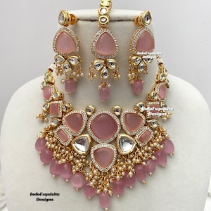 Kundan necklace/choker Set/Indian jewelry/Kundan Polki Necklace/High quality jewelry/Bollywood style necklace set/pink