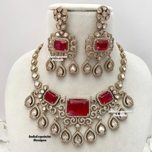Red premium quality doublet stone Sabyasachi inspired moissanaite Kundan Polki necklace set with american diamond stones/statement necklace