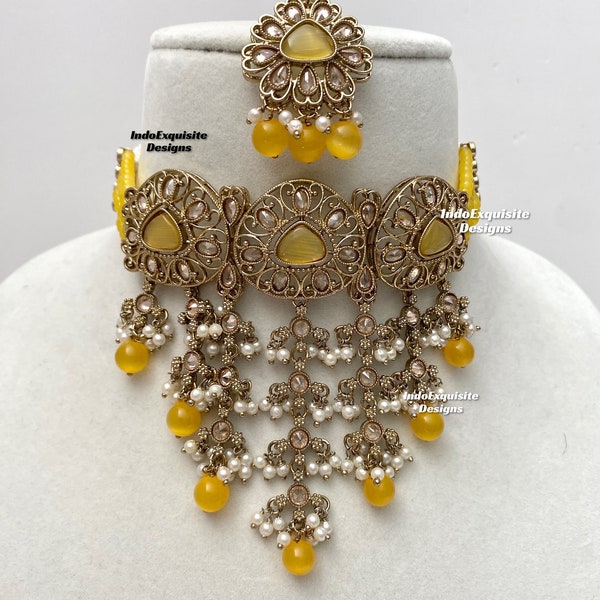 Elegant Antique gold Polki Choker Set/Indian Jewelry/High quality kundan Polki jewelry/pearls choker set/yellow