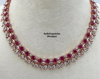 American Diamond only Necklaces in rose gold/ CZ Necklace/Indian Jewelry/ Reception Jewelry/ Bollywood Jewelry/ AD necklaces
