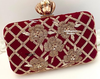Gorgeous maroon/dark red handcrafted embroidered velvet clutch (comes with a string) Designer Evening clutch/purse/bag/clutch/bridal clutch