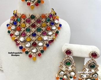 Premium Quality elegant  Kundan choker Set/ Indian Jewelry/Indian bridal set/Bridal jewelry/multi/rainbow