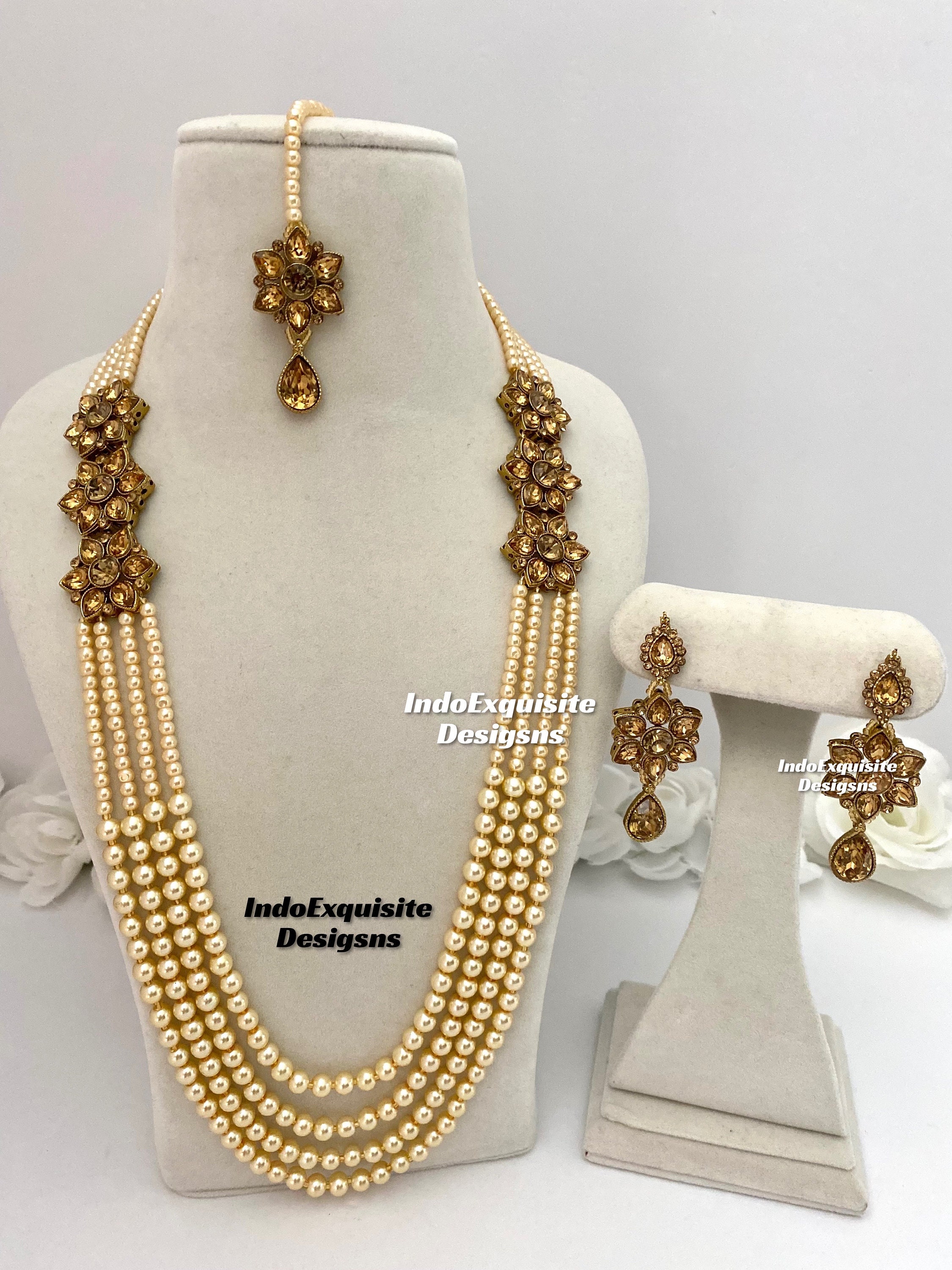 Bollywood Style Kundan Pearls Raani Haar / lange Halsketten-Set / Kundan Mala Set / Perlen lange Halskette / Braut lange Halskette
