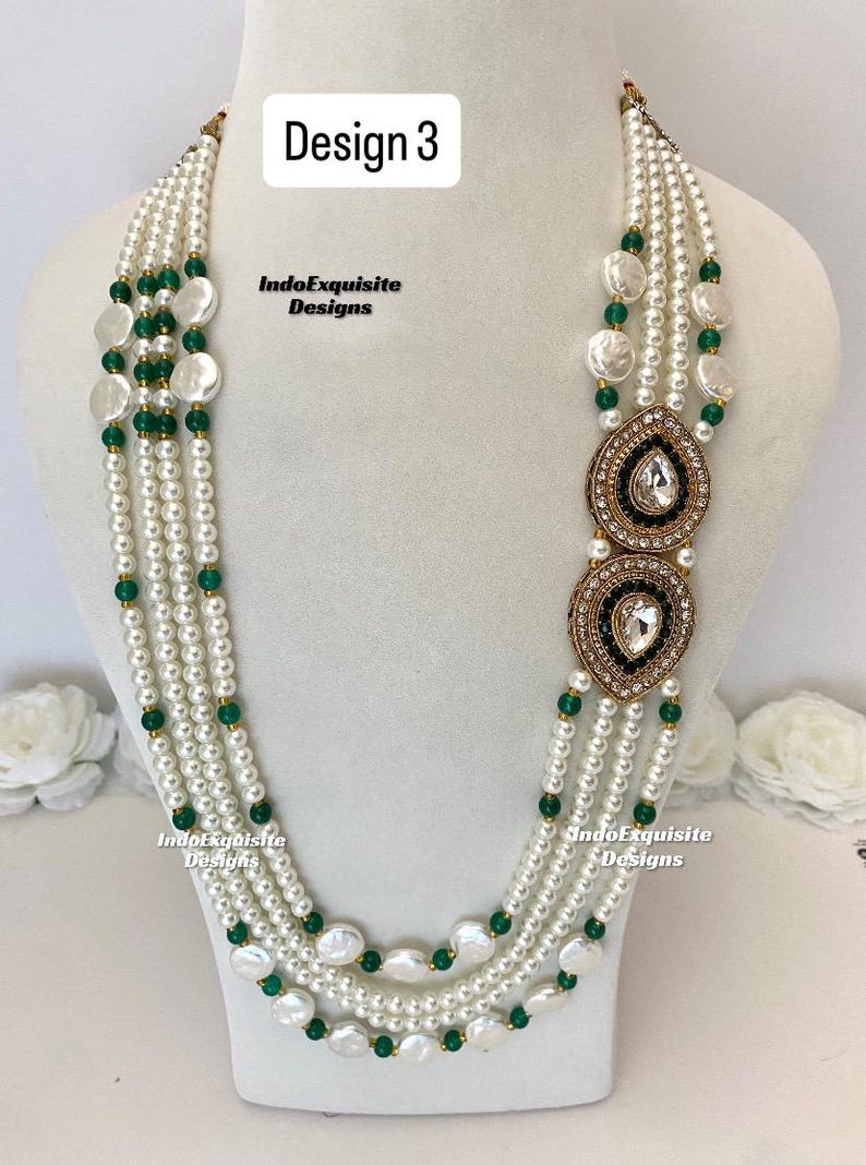 Vackra pärlor Flerskiktad grön brudgum mala set/Handpärlhalsband set/Indiska bröllopssmycken/Sherwani Mala bild 3