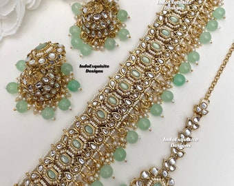 Gorgeous Kundan Choker Set/ Indian Jewelry/unique Kundan choker set/Indian jewelry set/Bridal jewelry/mint/pista/sage green