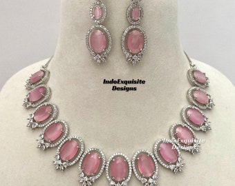 American Diamond Necklace Set in silver pink / CZ Necklace/Indian Jewelry/ Reception Jewelry/ Bollywood Jewelry