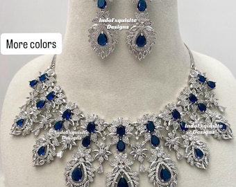 Silver base American Diamond Necklace Set/ CZ Necklace/Indian Jewelry/Bollywood Jewelry/ AD necklace/Engagement Jewelry/Reception Jewelry