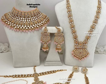 El elegante conjunto nupcial Kundan viene con todos los accesorios / joyería nupcial india / joyería kundan Polki de alta calidad / rosa