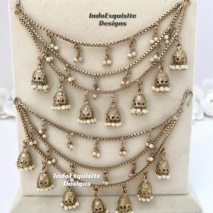 Elegant Antique Gold 3 layers jhumki saharey (pair)/ kann chain/Bahubali chains/Indian Jewelry hair accessories
