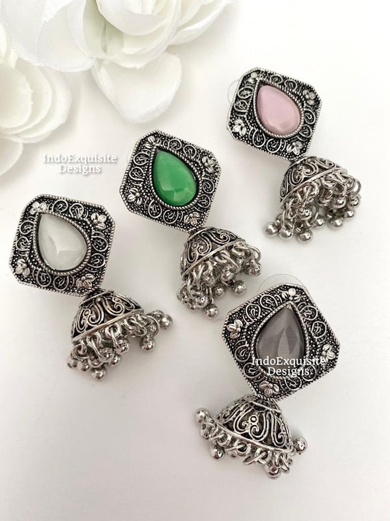 Orecchini Jhumka Bollywood Placcati In Argento Ossidato - Foto 3