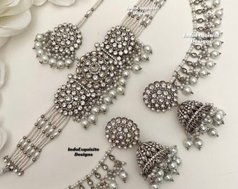Elegant silver color Pakistani  choker Set/Pakistani pearls choker with saharey earrings/high quality jewelry/Reception