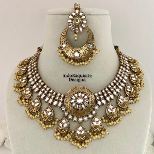 Antique uncut Kundan high quality Necklace Set / Golden Necklace set / High Quality Kundan and Polki Jewelry/Bollywood Jewelry