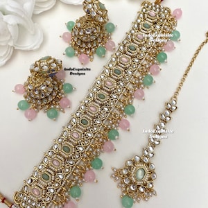 Gorgeous Kundan Choker Set/ Indian Jewelry/unique Kundan choker set/Indian jewelry set/Bridal jewelry/pink mint