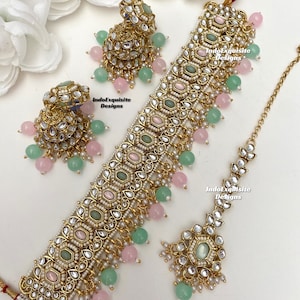 Gorgeous Kundan Choker Set/ Indian Jewelry/unique Kundan choker set/Indian jewelry set/Bridal jewelry/pink mint